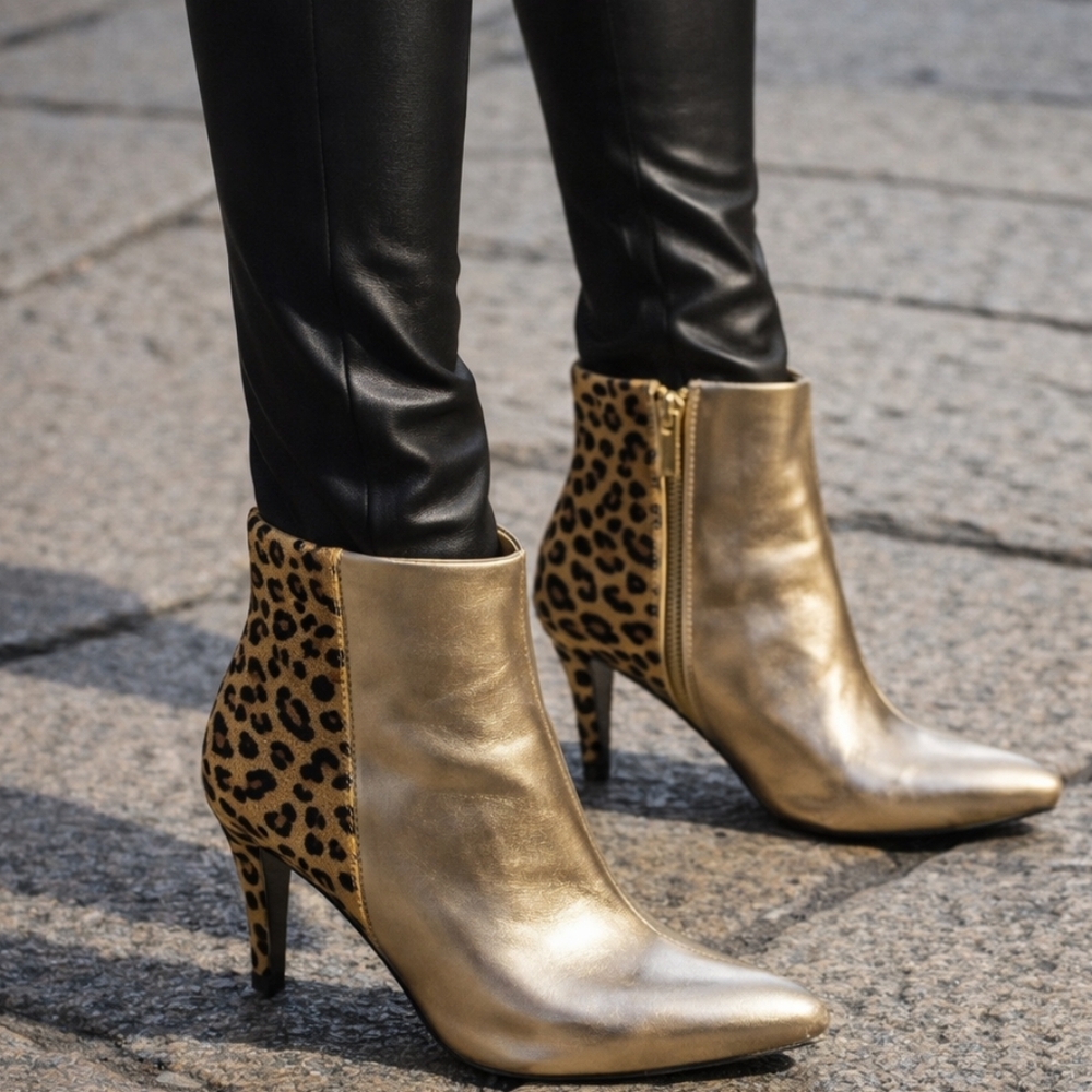 Metallic Gold Leather and Leopard Print Calf Hair Booties By Bellini